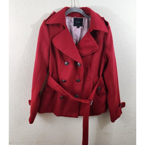 Iris Basic Womens M Red Mid Length Belted Pea Coat Jacket - Picture 1 of 10